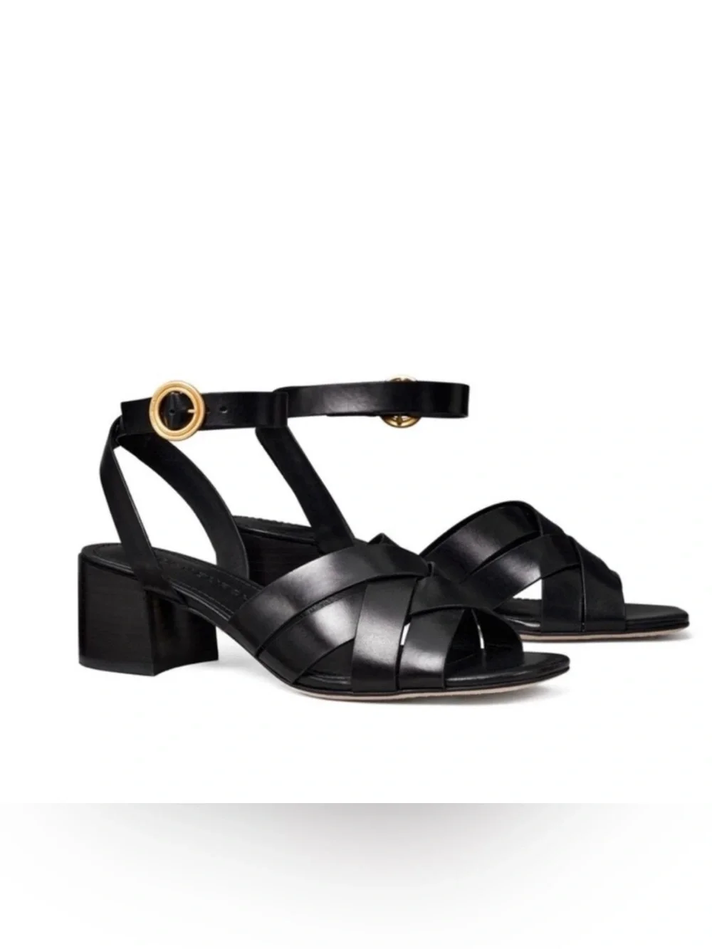 Tory Burch Black Leather Woven Block Heel Ankle Strap Sandals Size 7.5